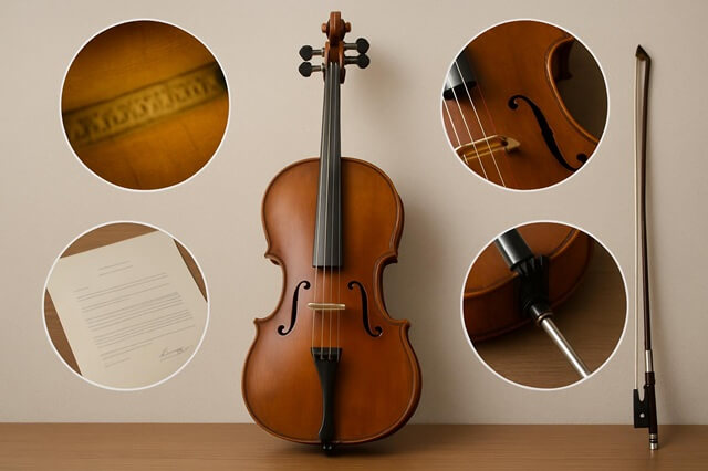 チェロ本体と細部の確認ポイントを示す画像