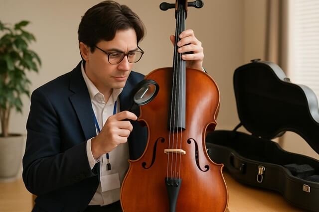 査定員がチェロをルーペでチェックしている様子