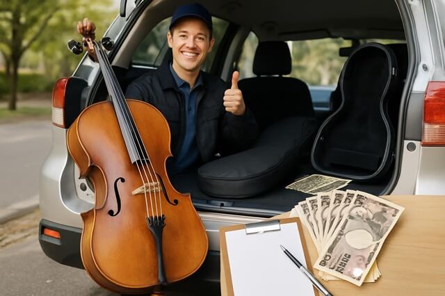 チェロの出張買取で査定員が親指を立てている様子