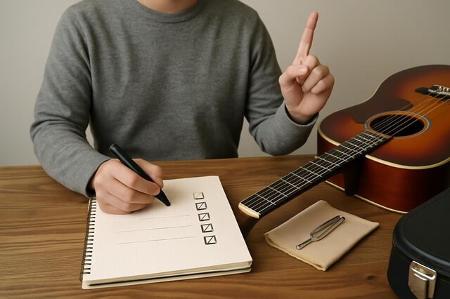 ギターを買取してもらってる男性