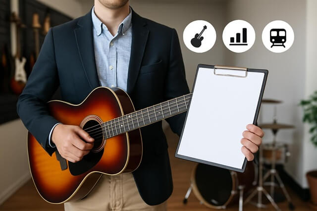 楽器とバインダーを持ってる男性